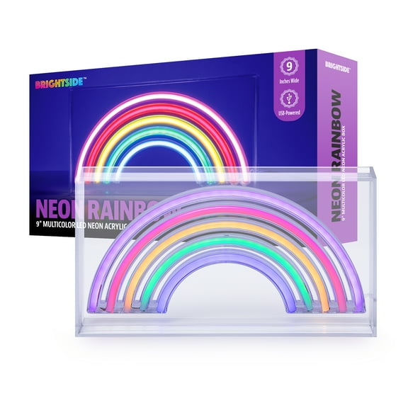 BrightSide Rainbow 9" x 5" Multicolor Acrylic LED Neon Box, Decorative, USB-Powered