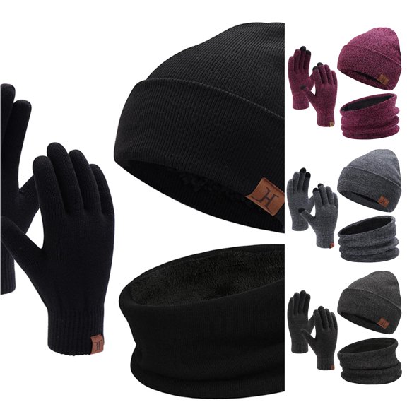 HNMKIU Womens Knitted Scarf Hat Set With Touchscreen Lined Neck Warmer Winter Outdoor Black - One Size