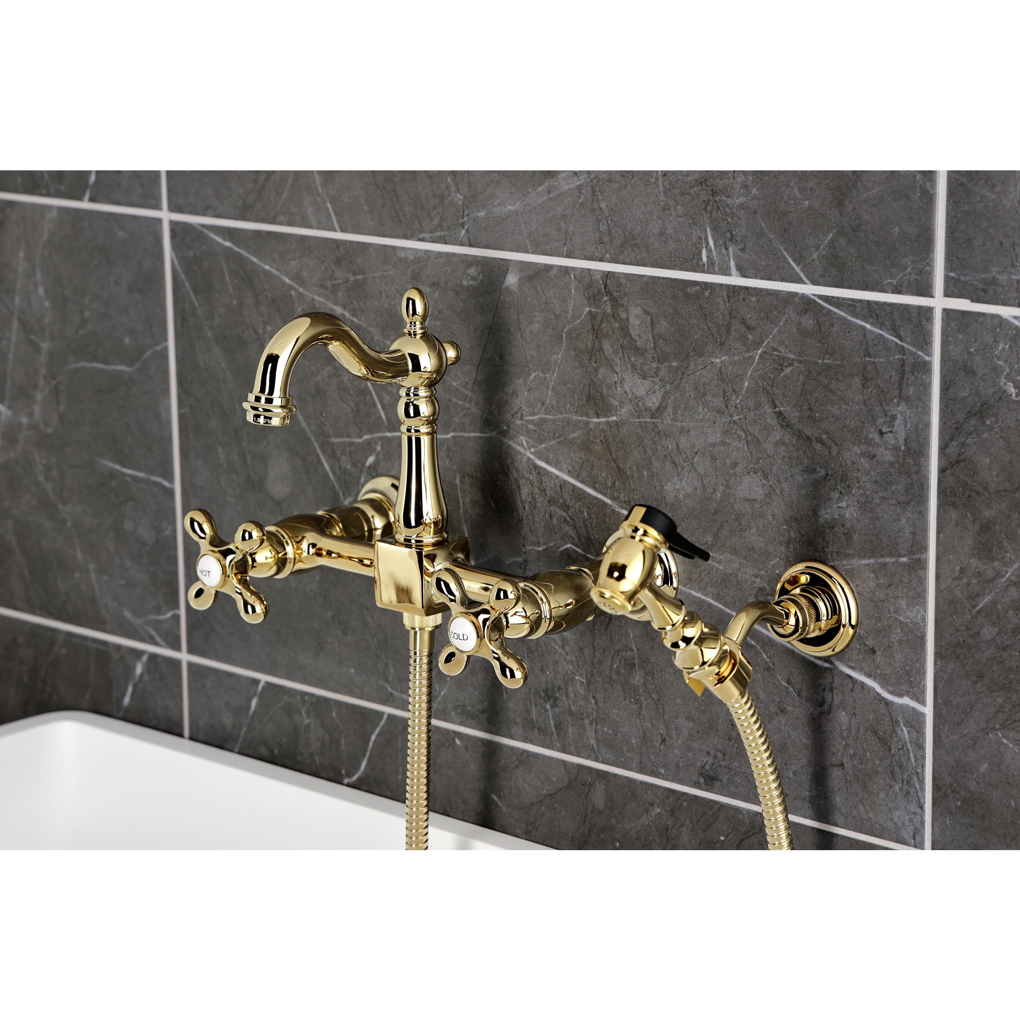 Kingston Brass KS2442AXBS Heritage Double-Handle Wall-Mount Bridge Kitchen Faucet with Brass Sprayer, Polished Brass
