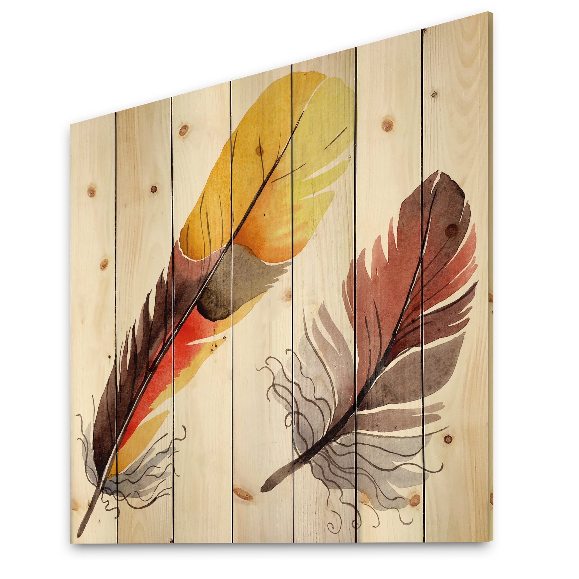 Designart 'Colourful Boho Art Feathers IV' Bohemian & Eclectic Print on Natural Pine Wood