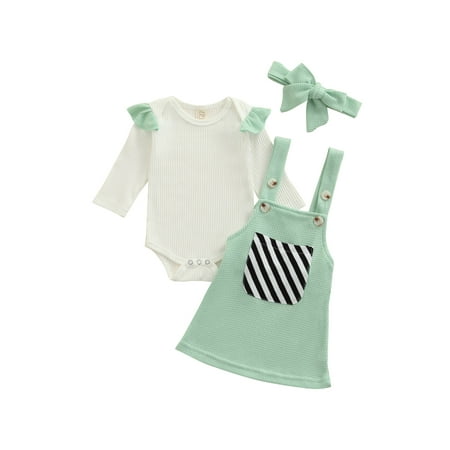 

Sunisery Newborn Infant Baby Girls 3Pcs Autumn Clothes Set Long Sleeve Solid Bodysuit Striped Pocket Skirt Green 3-6 Months