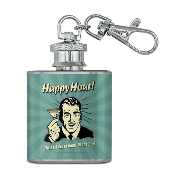 Happy Hour Best Seven Hours of the Day Funny Humor Stainless Steel 1oz Mini Flask Key Chain