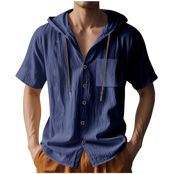 JUUYY Mens Cotton Linen Hooded Short Sleeve Shirts Button Down Relaxed Fit Drawstring Breathable Summer Casual Beach Shirt Blouses Navy XXXL