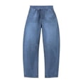 thumbnail image 4 of QQZ Barrel Leg Womens Elastic Waist Pull On Denim Pants, Knee Stitched Baggy Wide Leg Full Length Denim Trousers Suitable For Urban Street Style, Daily Errands And Back To School Outfits, 4 of 7