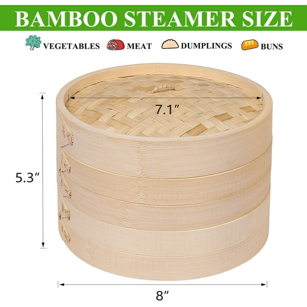 Cuiseur vapeur en bambou 20,3 cm, panier vapeur pour boulettes – Paniers à  deux niveaux – Cuiseur vapeur Bun Bao, Cuiseur vapeur Dim Sum avec