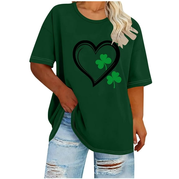 Staron Plus Size St. Patrick's Day Print T-Shirt for Women Casual Round Neck Short Sleeve Loose Graphic Tee Spring Summer Top, Army Green 4XL