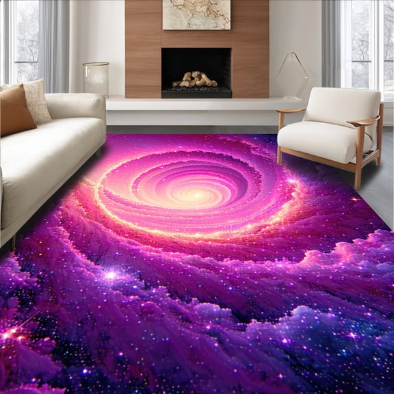 ODIKA 4'x6' Machine Washable Non-Slip Area Rug, Starry Night Round With Cosmic Swirl For Magical Space High Traffic Rug, Magenta, 140973