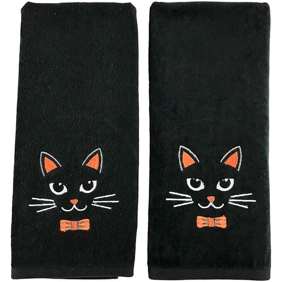 Decorative Halloween Hand Towels: Black Plush Velour Cotton Embroidered Design, Set of 2 (Cat)