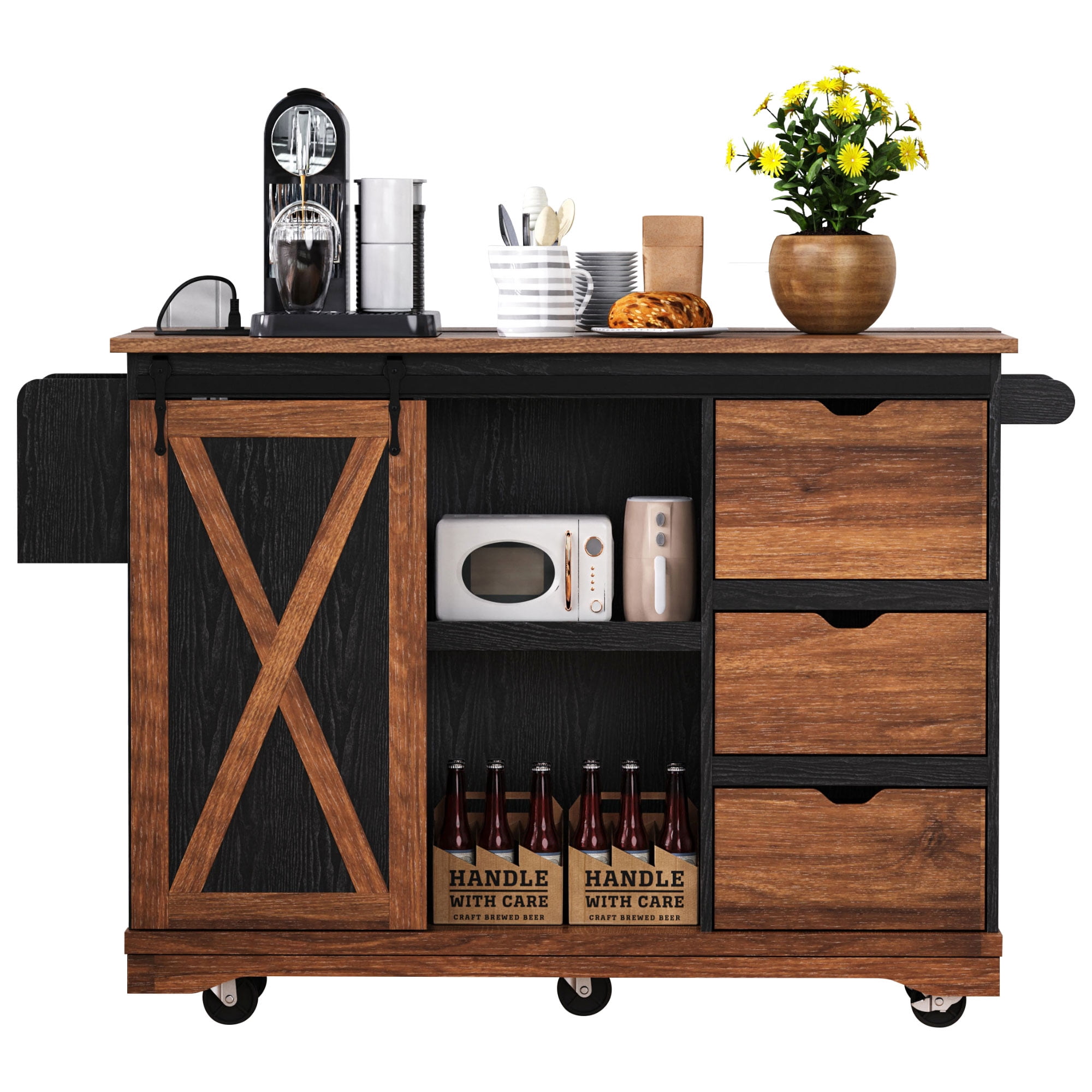 Euroco Farmhouse Kitchen Island with Drop Leaf, Charging Station, Storage Cabinet & Drawers, Rolling Kitchen Cart with Barn Door – 55.5''W