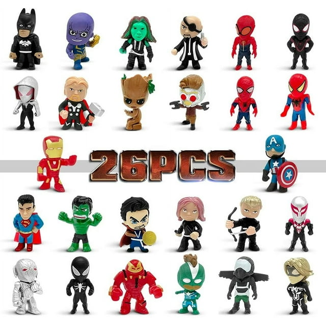 Mini Superhero Toys, 26 pcs Superhero Minifigures Small Action Figures Superhero Party Birthday Decorations for Kids’ Christmas Stocking, Easter Eggs Cake Toppers Collectibles