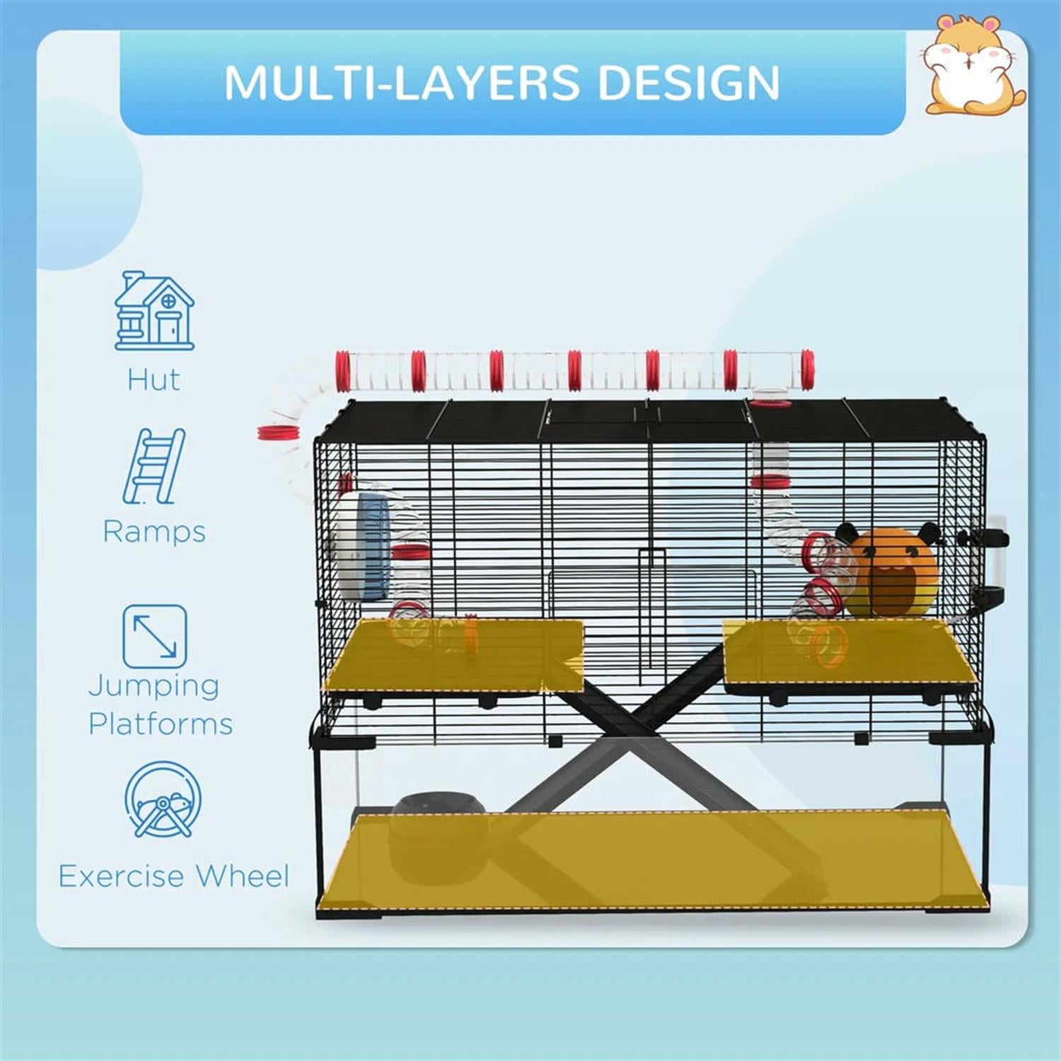 Kadyn 31" Hamster Cage, Gerbil Cage with Glass Basin, Tube and Tunnel for Small Hamsters, 2 Levels Small Animal Habitats, Black