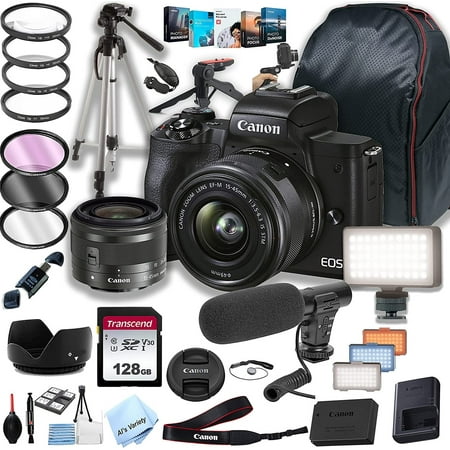 Canon EOS M50 Mark II Mirrorless Digital Camera with 15-45mm Lens + 128GB Memory + LED Video Light + Microphone + Back Pack + Steady Grip Pod + Tripod + Filters + Software + More 36pc Bundle