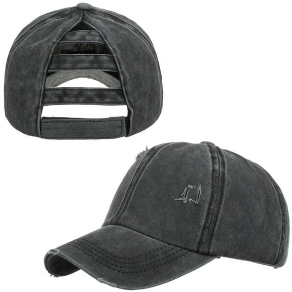 TOPTIE Women 3-Stripe Ponytail Baseball Cap Distressed Washed Messy High Bun Ponytail Hat-Black