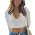 thumbnail image 2 of Women's Cropped Long - Sleeve V - Neck Knit Top for Casual Wear,White,Z1 White, 2 of 8
