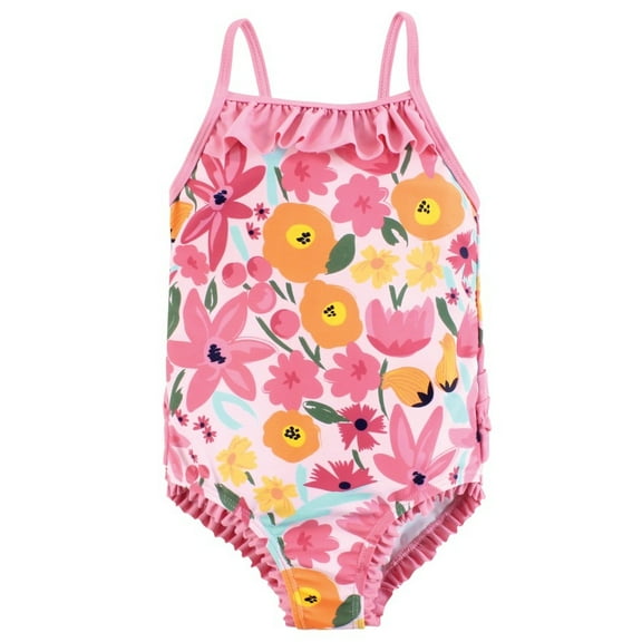 Hudson Baby Girls Toddler Swimsuit, Pink Orange Floral, 2T