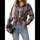 thumbnail image 2 of Camisa Abotonada para Mujer, Camisa A Cuadros, Larga, Solapa, Informal, para Negocios, Trabajo Rojo y Negro M, 2 of 10