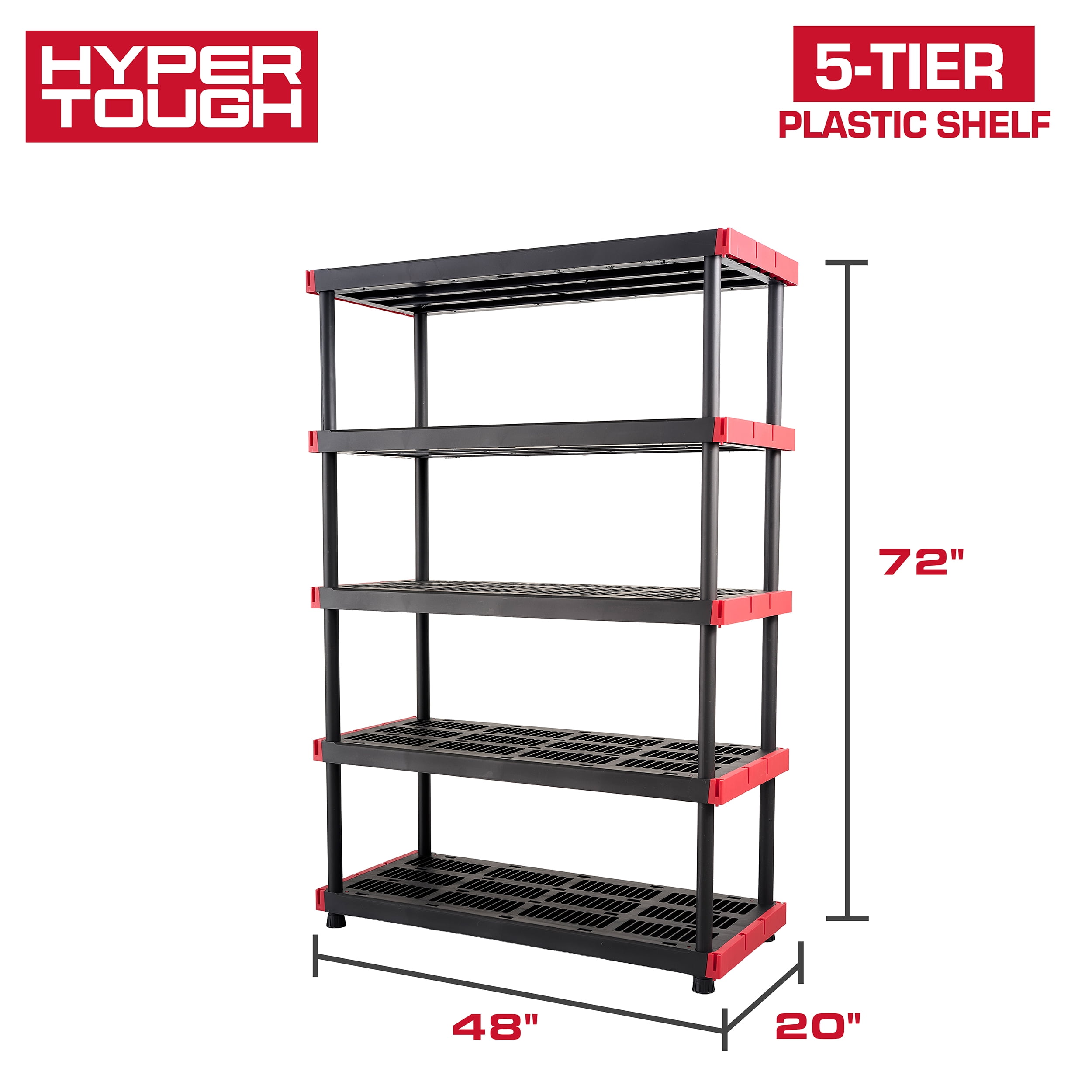 Hyper Tough 5 Shelf Plastic Storage Shelf, 48" W x 20" D x 72" H, Holds up to 1000 lb Total Capacity, Black and Red