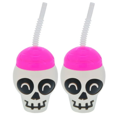 Skull Halloween Plastic Tumbler - 16oz Cups with Straw (Set of 2) - Spooky Monster Character Cold Drinks Smoothie Water Decorative Drinkware Party Favor