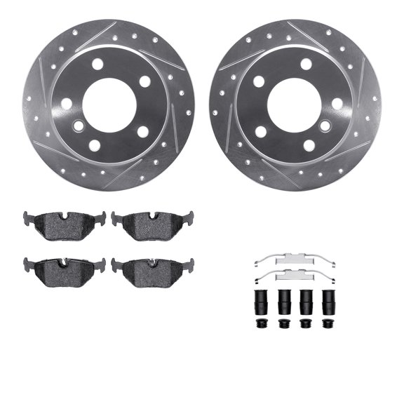 Dynamic Friction Company Rear Brake Rotors-Drilled and Slotted-Silver with 5000 Advanced Brake Pads includes Hardware 7512-31044