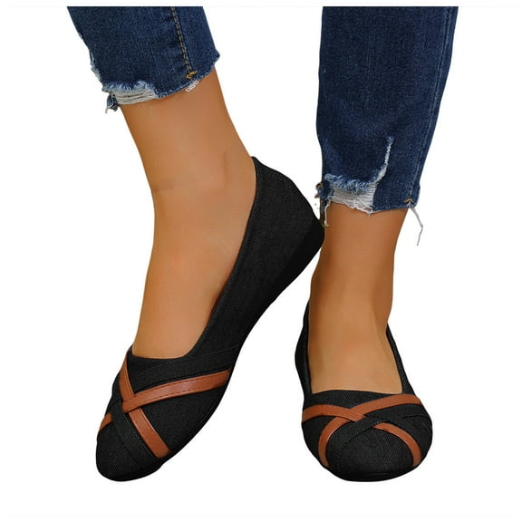 Women's Denim Ballet Flats Dress Shoes Spring Casual Fashion Color Block Strappy Canvas Jeans Casual Slip on Loafers