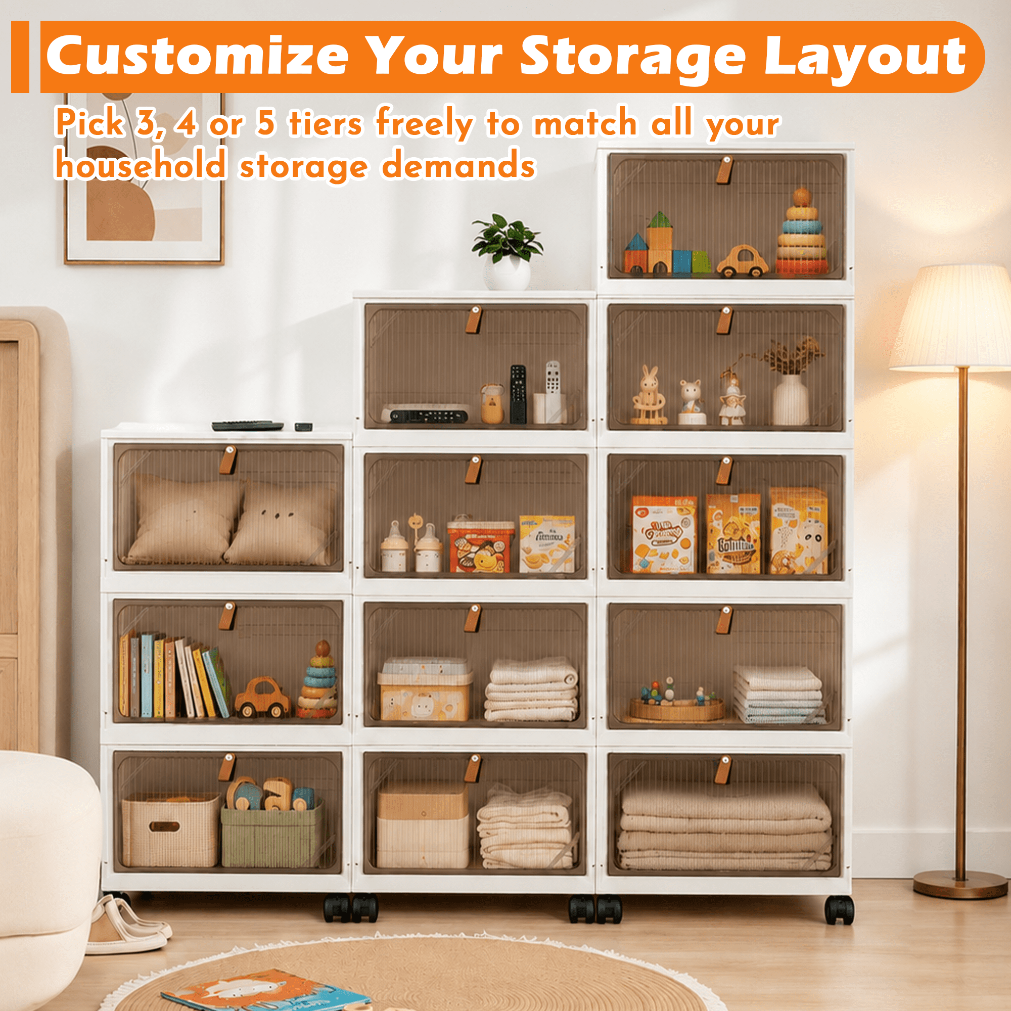 5 Tier Foldable Storage Cabinet with Wheels & Magnetic Doors, 115 QT Stackable Plastic Storage Bins, Dust-Proof Storage Organizer for Bedroom Living Room Dorm