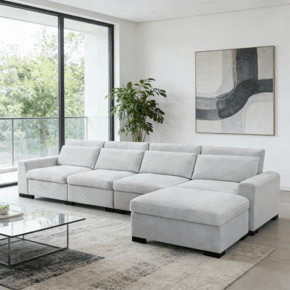 Gewnee 149” Modular Sectional Sofa with Ottoman, L Shaped Corduroy Cloud Couch with Chaise, Modular Sleeper Furniture Sofa Couch Set for Living Room