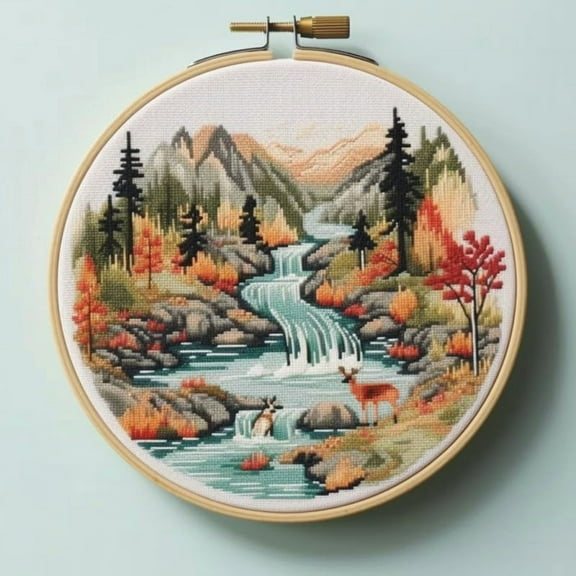 River & Mountains Starter Easy Cross Stitch Kits Color Stamped Embroidery Kits DIY 11CT Stamped Patterns Embroidery Needlework Kit Supplies 12 Inch Hoop Included(et-102)