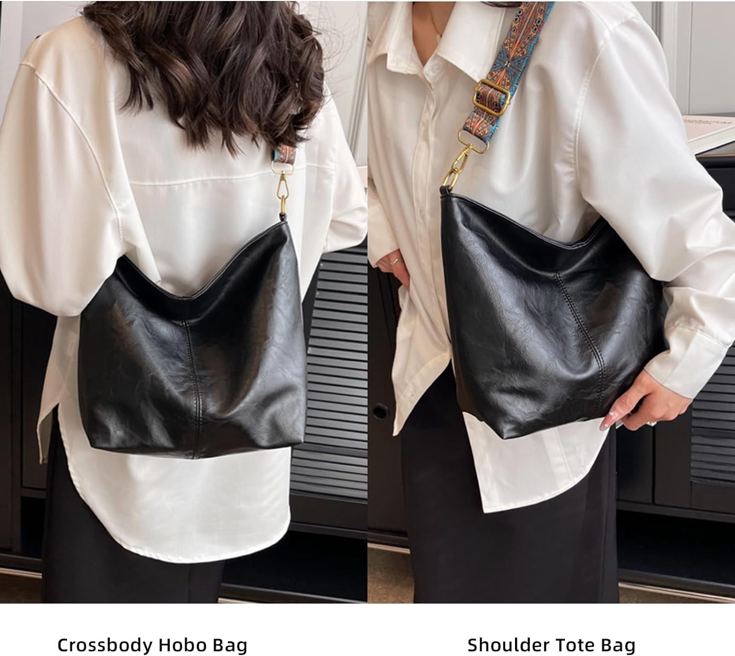 LinYooLi Hobo Bags for Women Crossbody Handbags Guitar Strap Shoulder Bucket Bag Vegan Leather Purse Trendy Boho Tote Purses