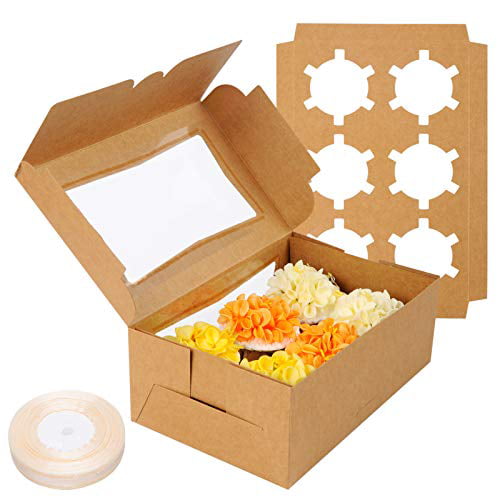 Brown 24 PCS 6ct Cupcake Boxes with Inserts Dozen Cupcake Boxes Bakery Boxes with Window 