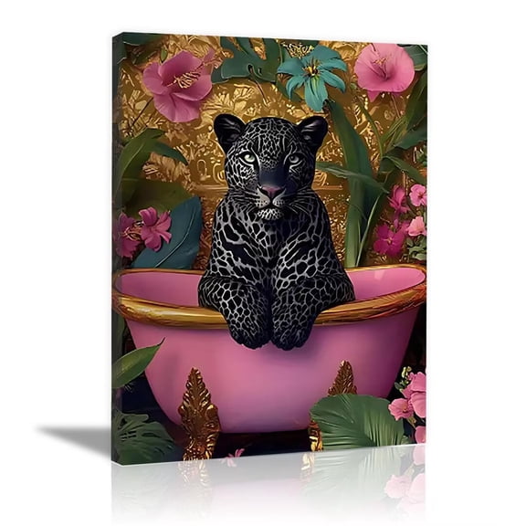 Mudket Black Panther in Pink Bathtub Tropical Floral Canvas Wall Art, Funny Bathroom Glam Wall Prints Waterproof Canvas for Bathroom Bedroom Home Decor , Framed Ready to Hang - 12"L x 8"W