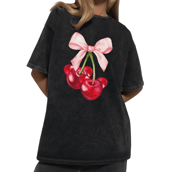 Cherry Cluster with Pink Bow Wash Print Tshirt Graphic Tees Charcoal Oversize S-2XL Casual Tops