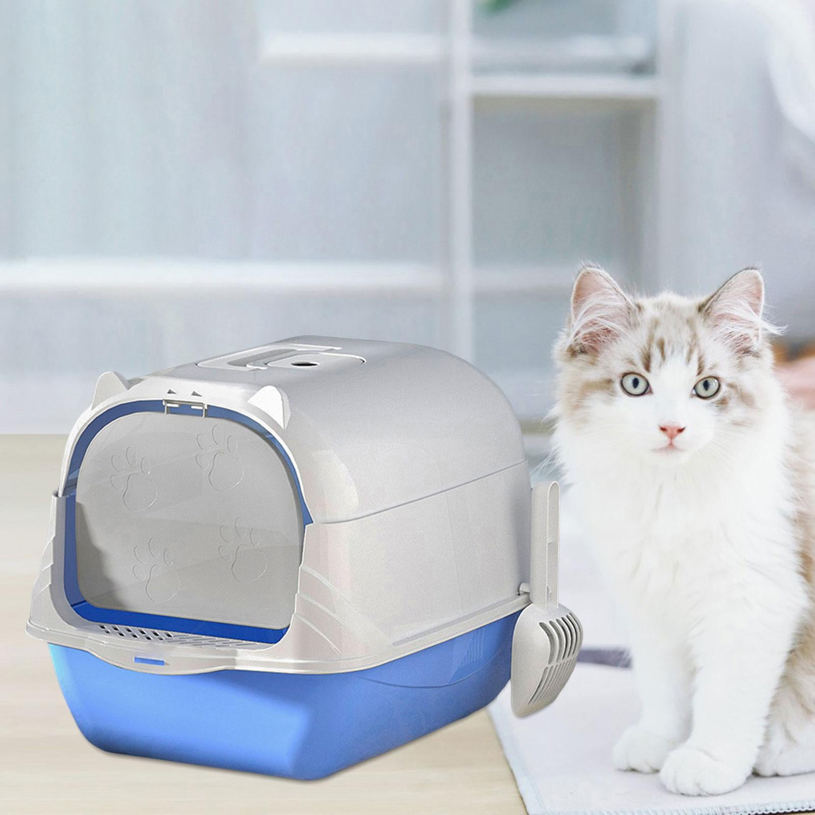 Fully Enclosed Cat Toilet Hooded Cat Litter Box with Handle Durable with Front Door Flap Heavy Duty Pet Supplies Pet Litter Box Kitten Potty Blue