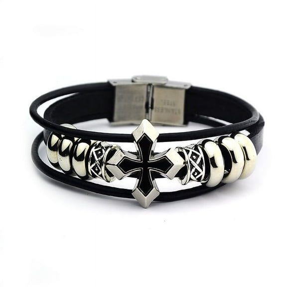 New Unisex Stainless Steel Silver & Leather Black Cross Bracelet Great Valentine's Day Gifts For Men, Women, Teens, Boys, Girls