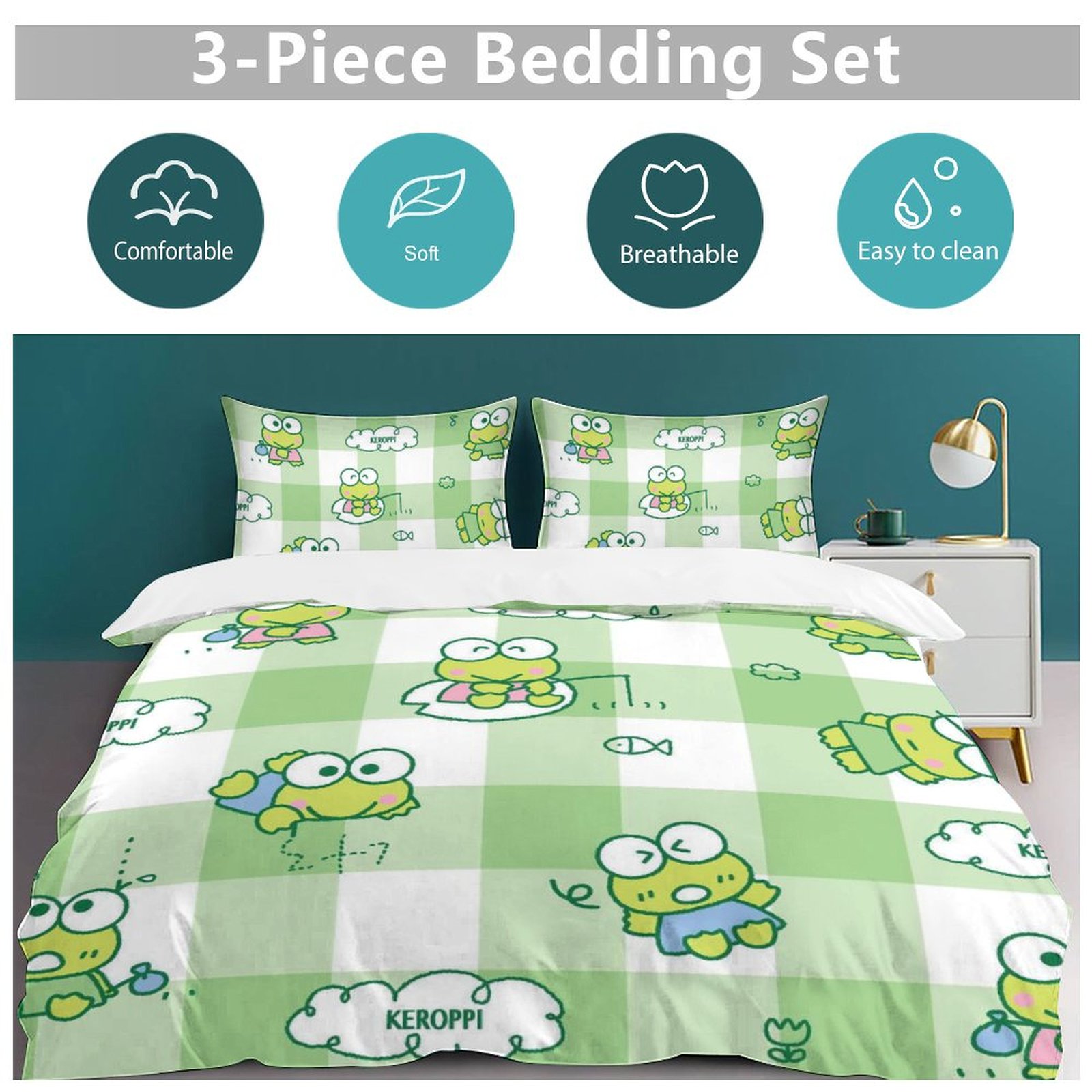 Keroppi Duvet Cover 3 Piece Bedding Set,Teen Comforter Cover