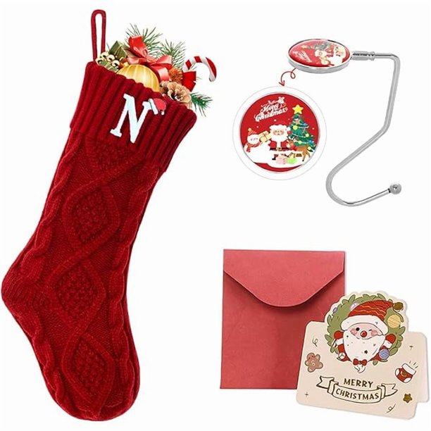 wonima44 Christmas Stockings with Initials, 18’’ Large Embroidered Monogram Knit Christmas Stocking,Xmas Stocking for Kids, Holiday and Family Stocking for Fireplace or Party Decoration Red Letter N