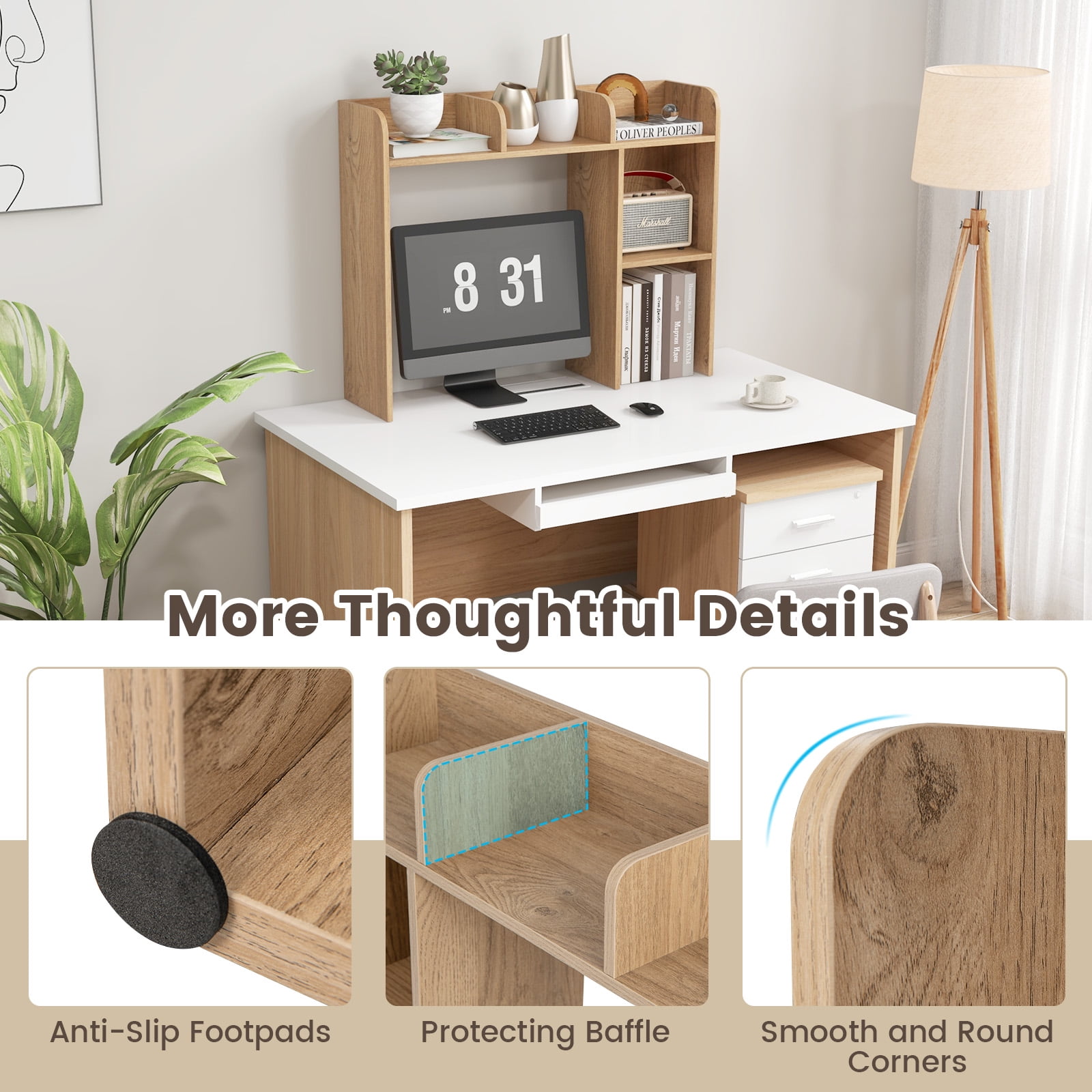 Giantex Desk Bookshelf, Wood Desk Hutch w/5 Shelves, Computer Table Display Rack, Organizer Shelf for Dorm Office Home, Natural