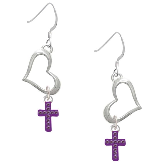 Delight Jewelry Silvertone Small Purple Crystal Cross Open Heart French Earrings