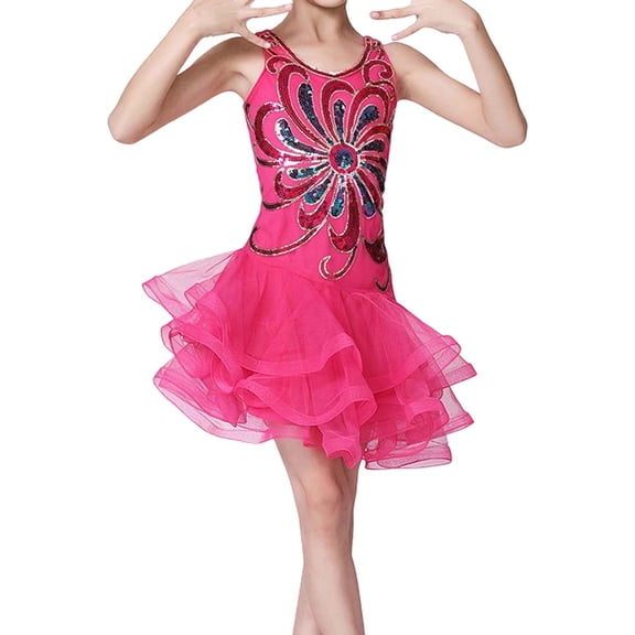 WEIGFI Toddler Baby Girls Dresses Summer Sparkly Floral Latin Dance Tulle Tutu Practice Performance Casual Wear Crew Neck Sleeveless Cute Beach Sundress,Hot Pink,4-5 Years
