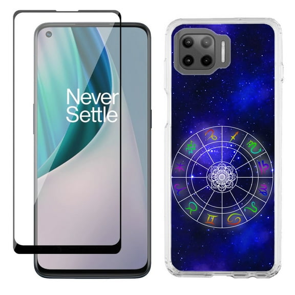 Slim-Fit Protective Phone Case compatible with Motorola Moto One 5G UW, with Tempered Glass Screen Protector, by OneToughShield ® - Zodiac / Horoscope