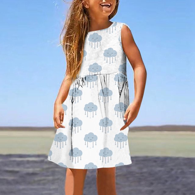 iTNHFP Robes pour Filles Mode Mignonne Printemps et Été Imprimé Col Rond Sans Manches Robe Décontractée (8)