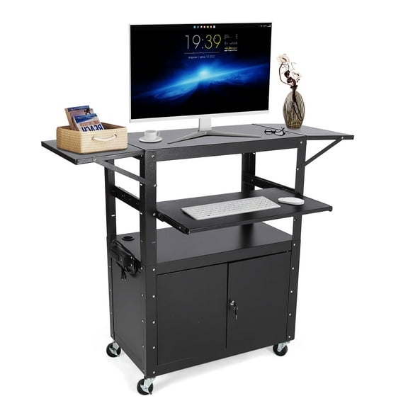 Av Cart with Lockable Cabinet, Height Adjustable 24-42", Non-Slip Mat, 100 Lbs Capacity, Mobile Workstation with Additional Storage