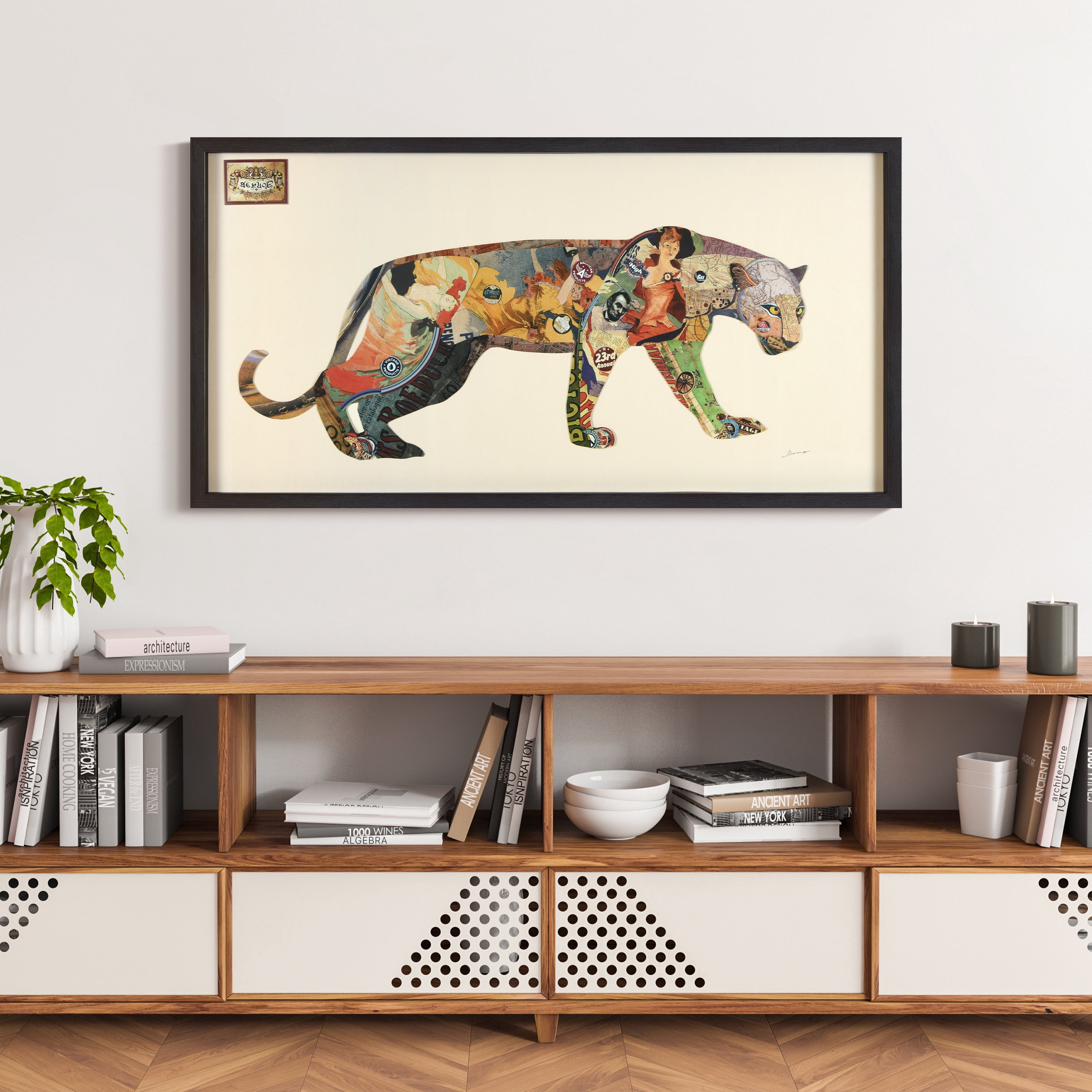 "The Jaguar" Dimensional Collage Framed Graphic Art Under Glass Wall Art