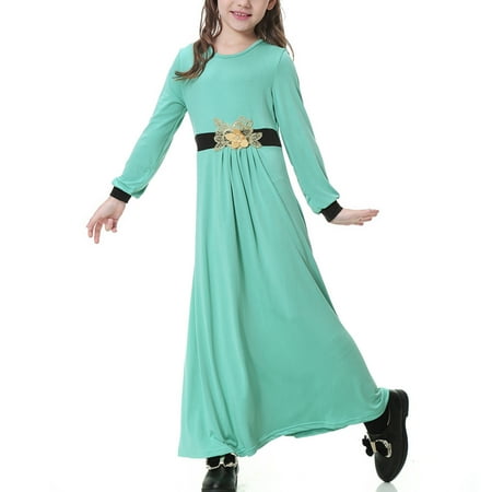 

Leutsin Muslim Long Dress Medium Big Girls Long Sleeve V Neck Colorblock Dress