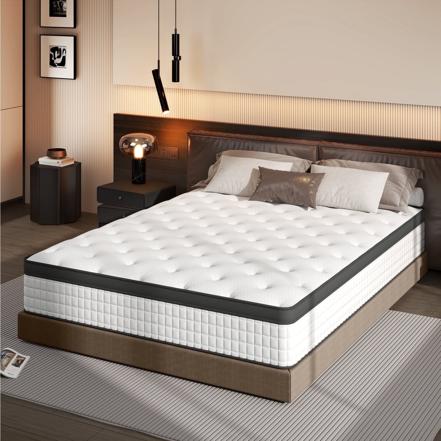 Doubleslee Queen Mattress, 12" Boxed Memory Foam Hybrid Spring with Motion Isolation and Pressure Relief - Black and White