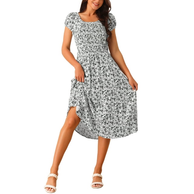 INSPIRE CHIC Robe Décontractée à Fleurs pour Femme avec Poches Col Ras du Cou Manches Courtes Boho Fluide Midi TG Blanc