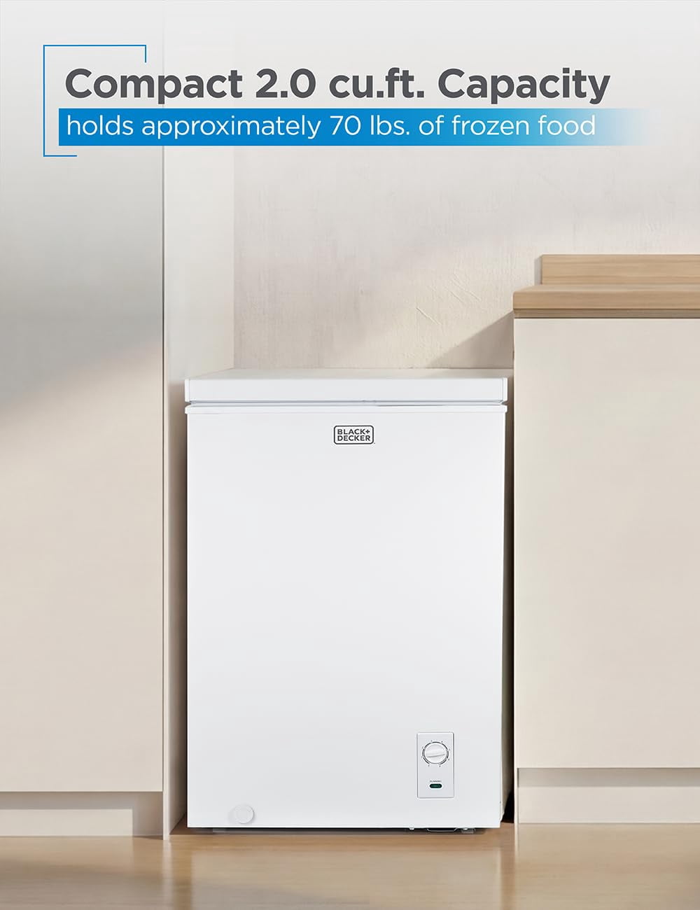 BLACK+DECKER 2.0 Cu. Ft. Compact Chest Freezer, Deep Freezer Holds Up To 70 Lbs. Of Frozen Food, Removable Storage Basket, Mechanical Temperature Control, White