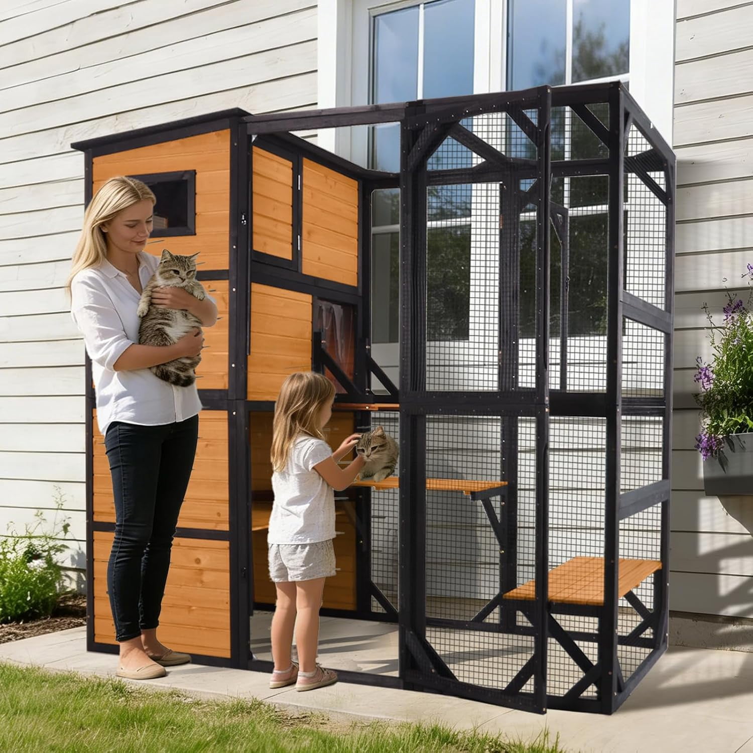 MEDEHOO Large Catio Cat Enclosure Window for Outdoor Cats, Weatherproof Cat House with Roof, Resting Platforms & Windows, Indestructible Feral Cat Shelter for Backyard - Black and Brown