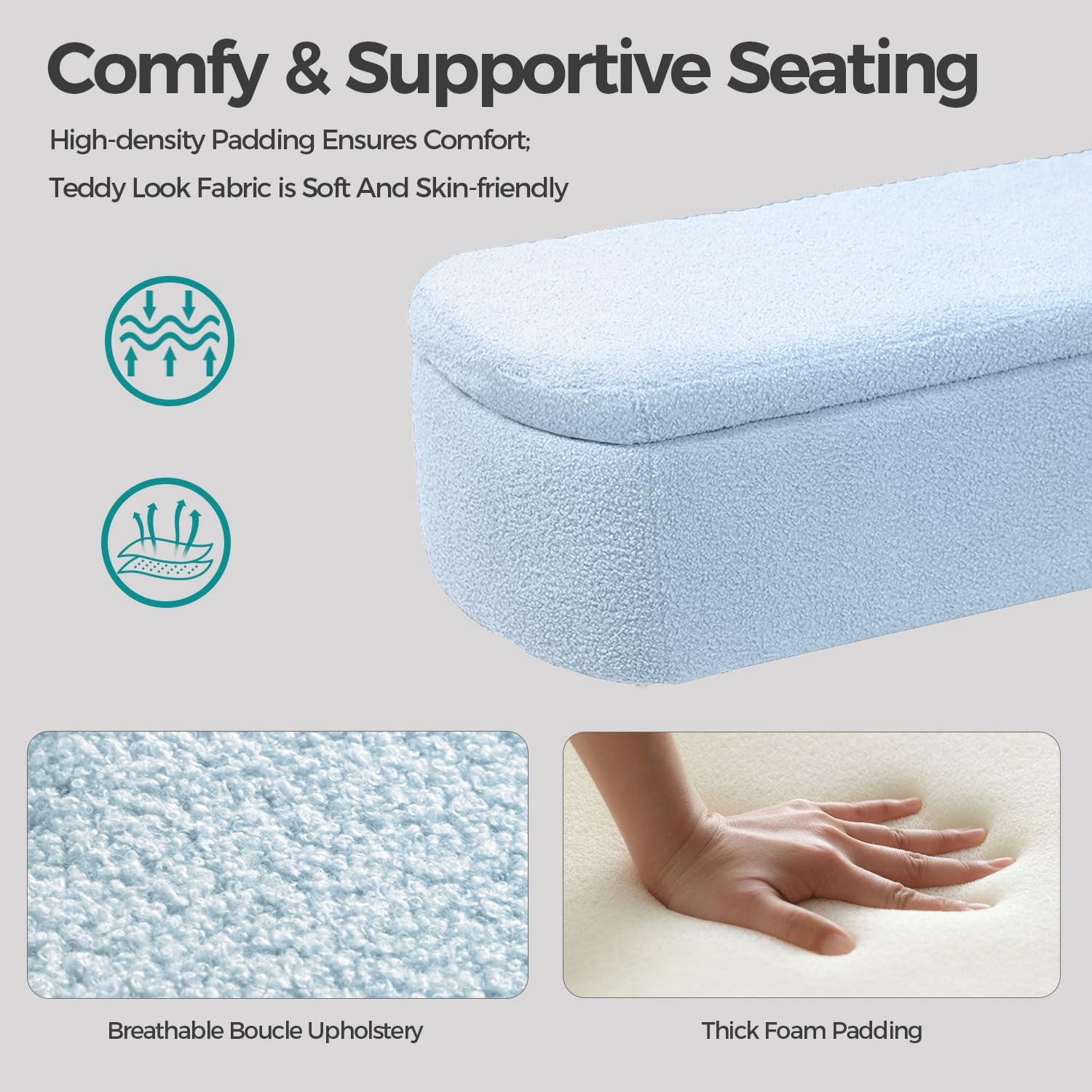 Upholstered Storage Ottoman-Rectangular Padded Seat Bench,Teddy Fabric Shoe Storage with Gold Legs for Bedroom End of Bed, Entryway, and Living Room