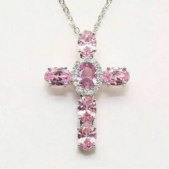 Hitanshu Jewels Oval Cut Pink CZ 14K White Gold Finish Silver Religious Cross Pendant Necklace