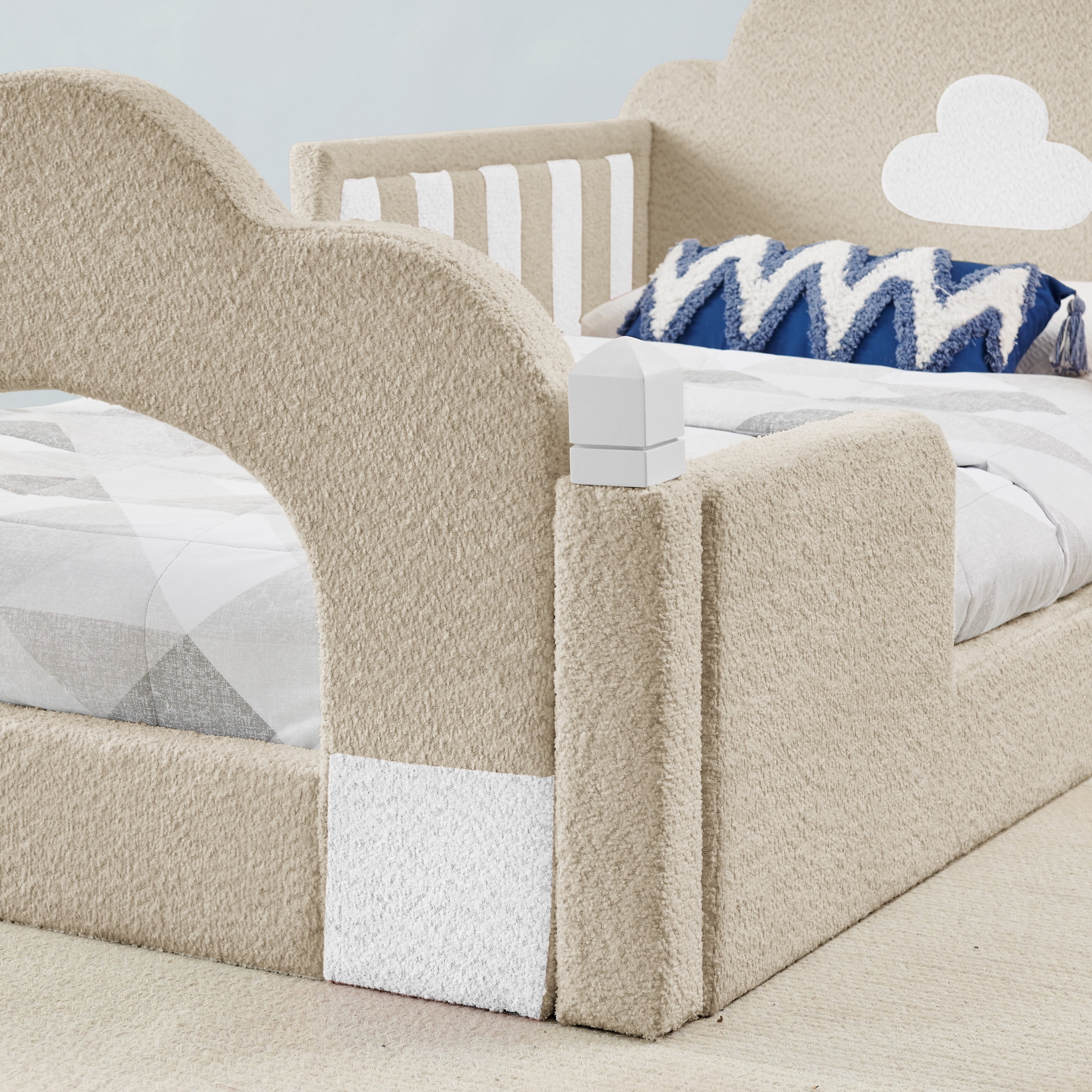 GDF Studio Arvion Twin Size Cloud Bed with Safety Guardrails & Solid Wood Frame, Boucle Fabric Upholstered Bed, Camel